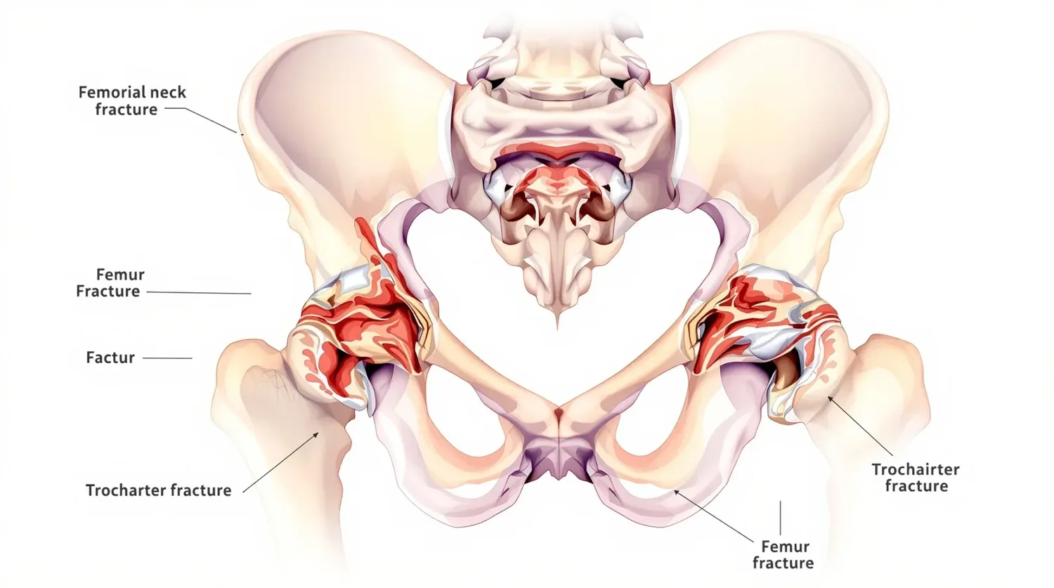Anatomical diagram of the four main types of hip fracture