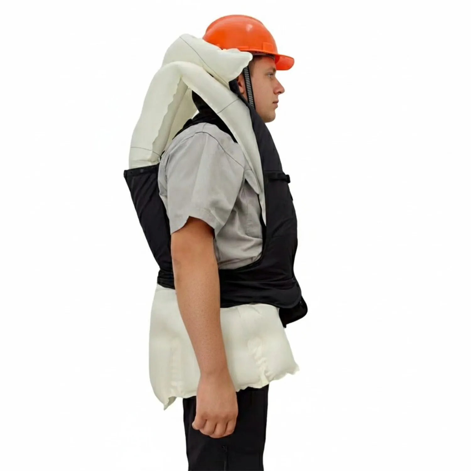 Airbag vest, side view, airbag deployed
